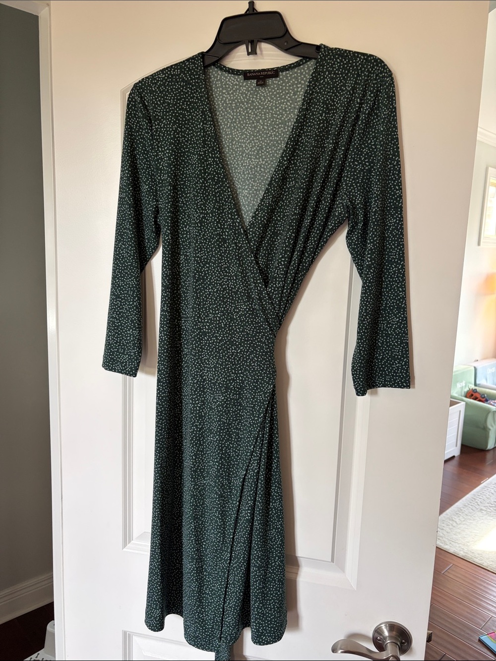 Banana Republic Dark Green Faux Wrap Midi Dress with White Micro-Dots